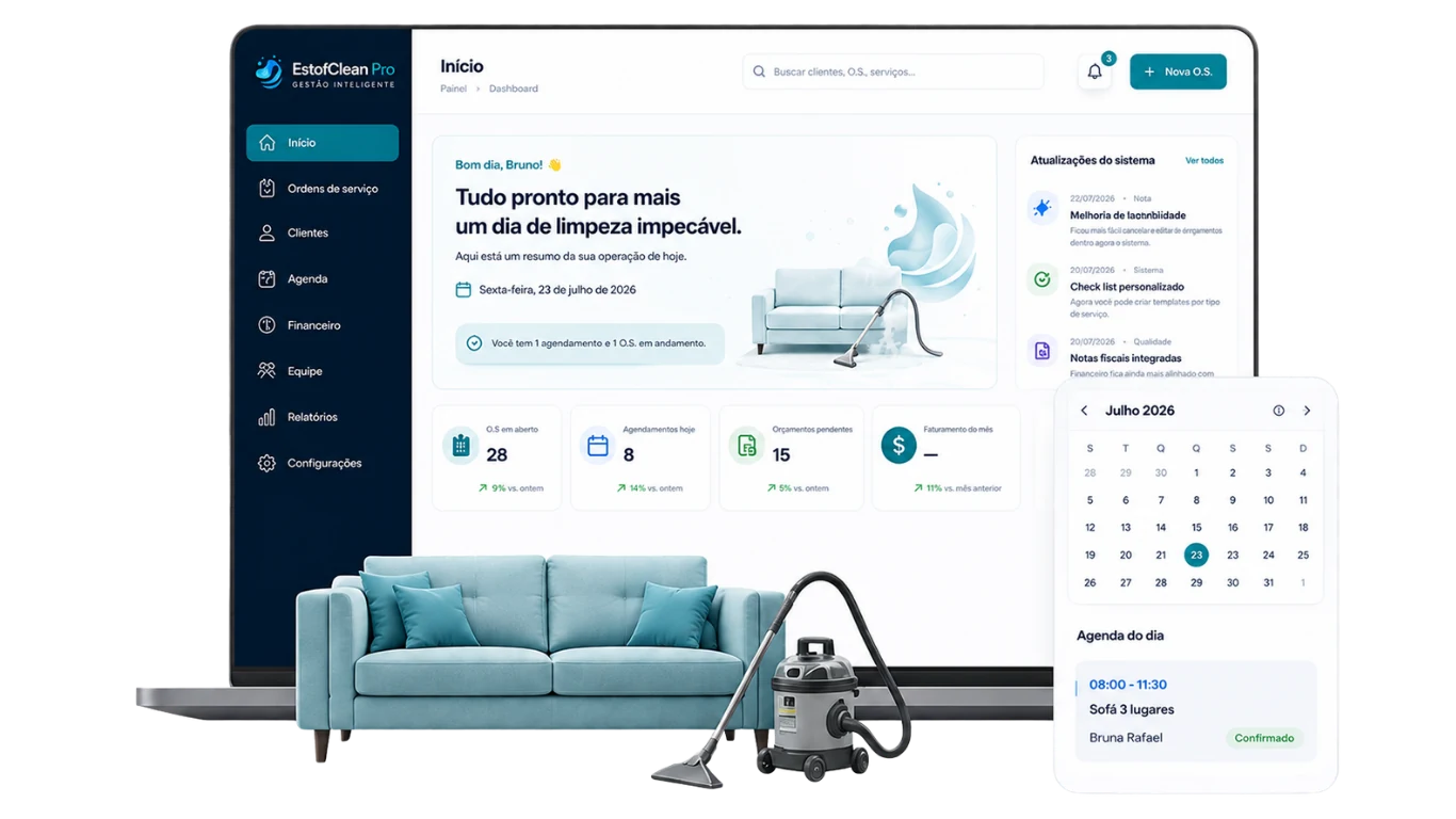 EstofClean Pro funcionando em computador, celular e agenda